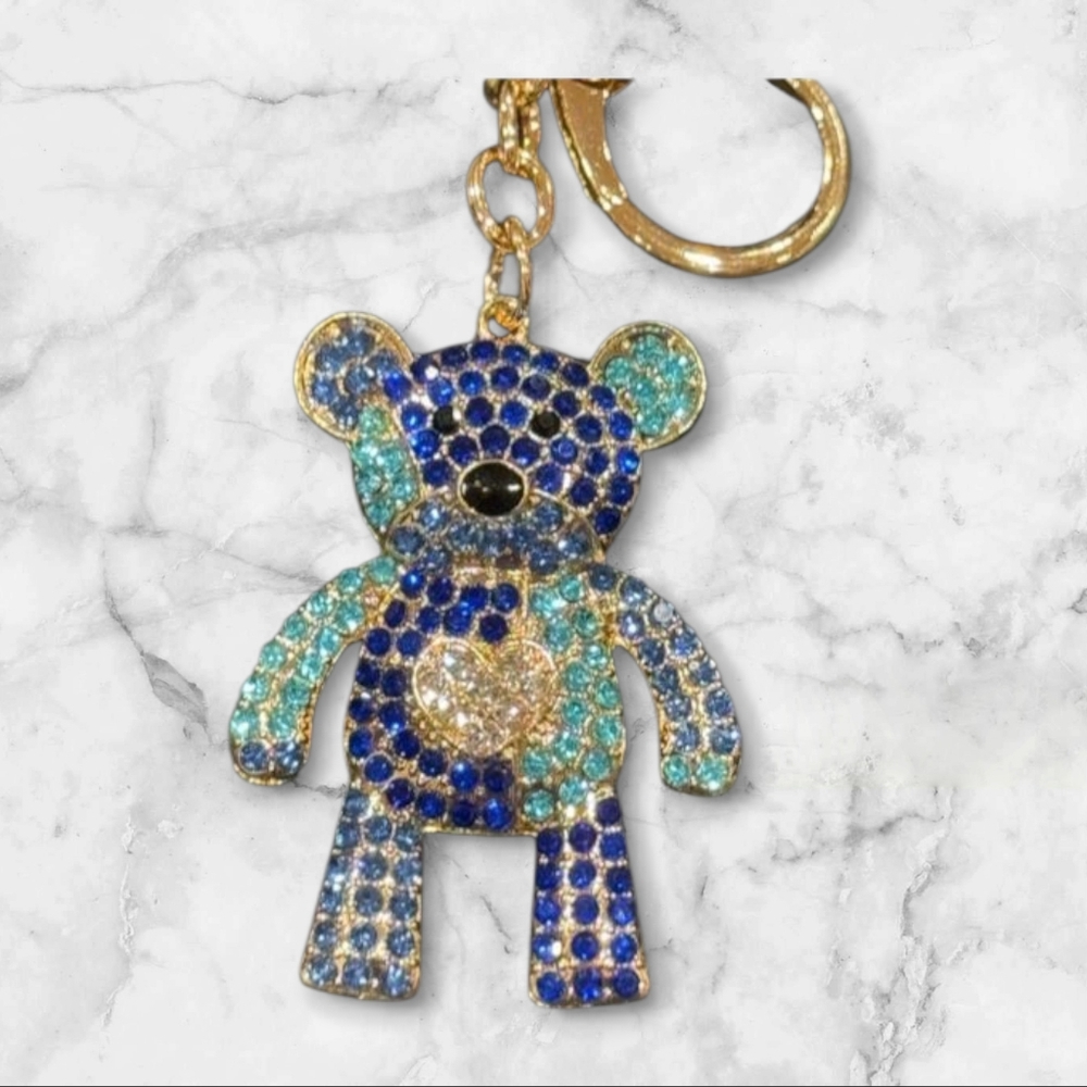 NWT Purse Charm BLUE & TURQUOISE Goldtone Teddy Bear Keychain Clip Heart Tummy